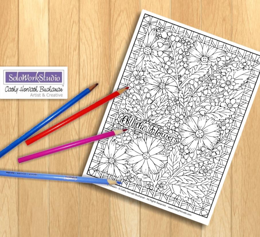 Flower Art Coloring Page, Floral Pattern w Border, PDF Printable Download by Cathy Horvath Buchanan