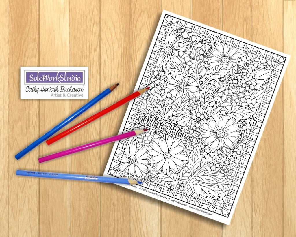 Flower Doodle Art Coloring Pages 5 Pack, PDF Download Printable by Cathy Horvath Buchanan