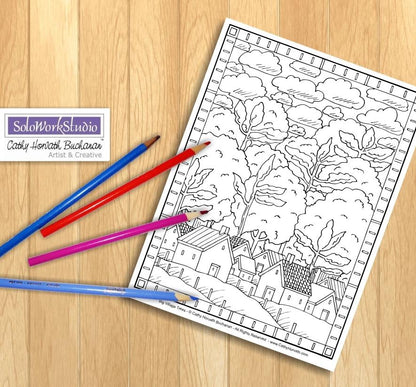 Folk Art Town Village Trees Landscape Coloring Page, PDF Download Printable by Cathy Horvath Buchanan
