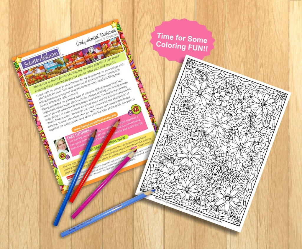 Flower Blooms Coloring Page, Floral Pattern Doodle, PDF Download Printable by Cathy Horvath Buchanan