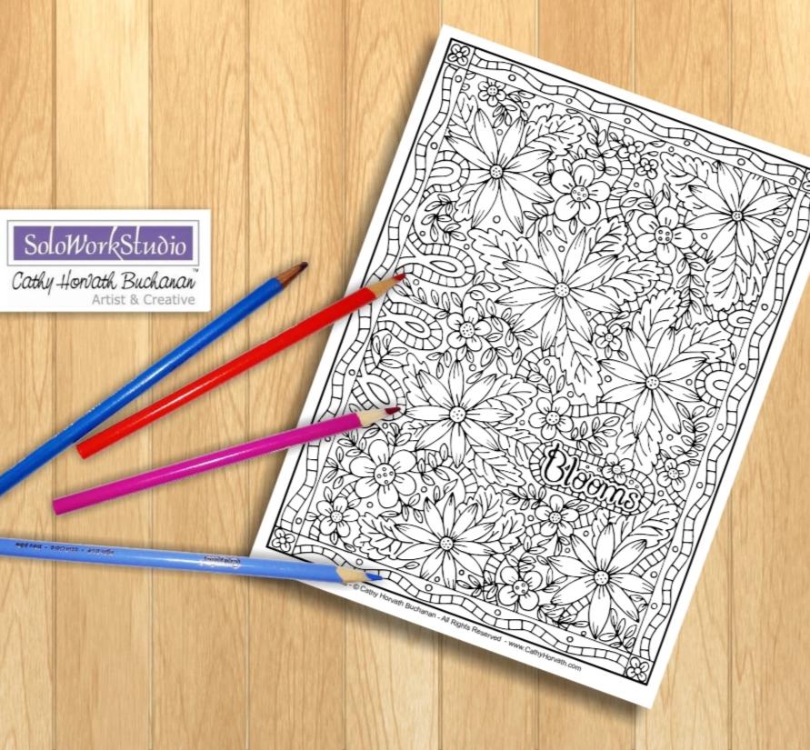 Flower Blooms Coloring Page, Floral Pattern Doodle, PDF Download Printable by Cathy Horvath Buchanan