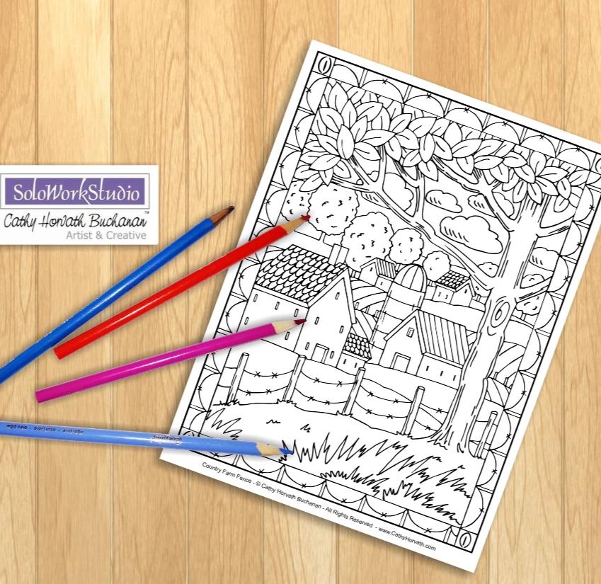 Rural Farm Country Folk Art Landscape Coloring Pages, PDF Download Printable by Cathy Horvath Buchanan
