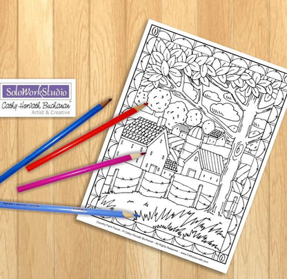 Rural Farm Country Folk Art Landscape Coloring Pages, PDF Download Printable by Cathy Horvath Buchanan