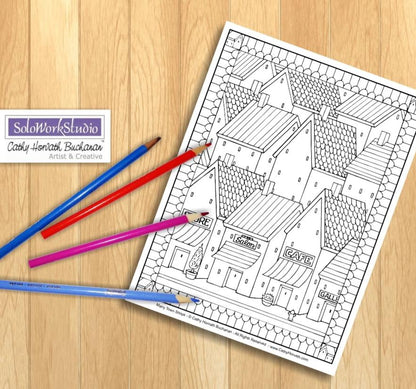 Town Shop Village Scene, Coloring Page Printable  PDF Download by Cathy Horvath Buchanan