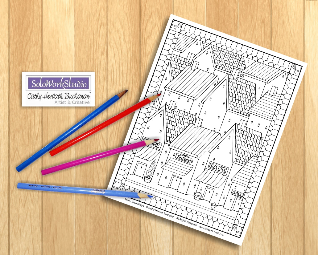 Town Country Village Folk Art Scene Coloring Pages 7 Pack,  PDF Download Printable