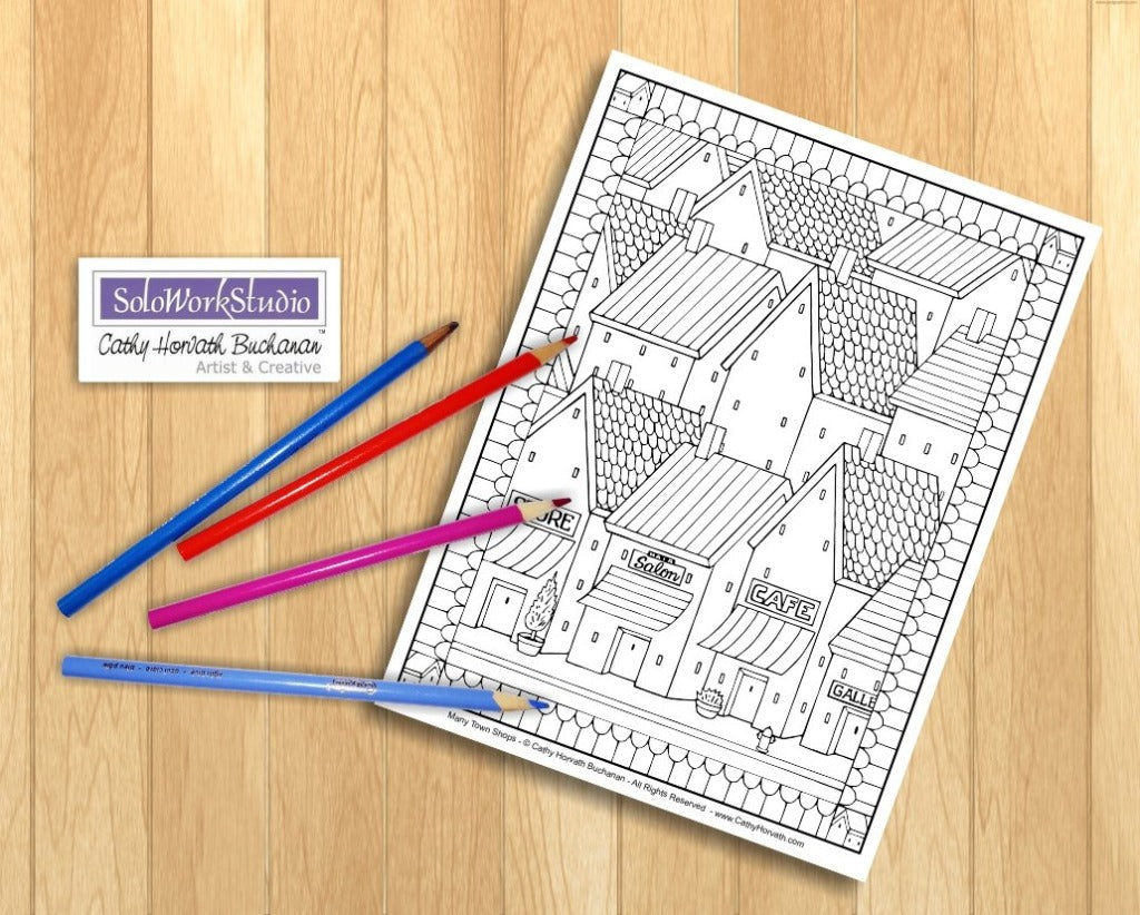 Folk Art Town Village Landscape Coloring Pages 4 Pack, PDF Download Printable by Cathy Horvath Buchanan