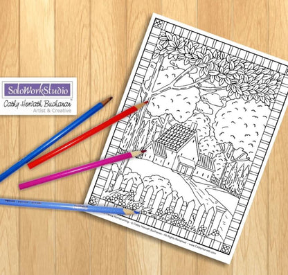 Country Home Folk Art Coloring Page, PDF Digital Download Printable