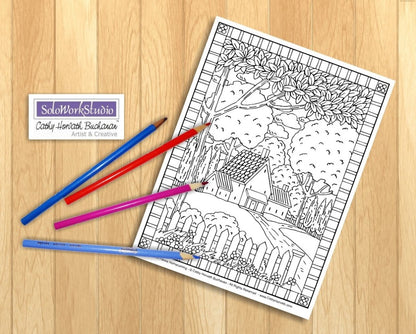 Country Cottage Folk Art Coloring Pages 4 Pack, PDF Download Printable by Cathy Horvath Buchanan