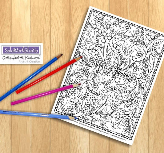 Flower Swirls Art Coloring Page, Floral Pattern Doodle PDF Download Printable by Cathy Horvath Buchanan