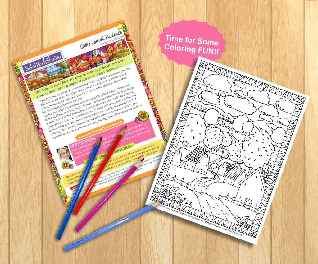 Village Road Scene, Coloring Page Printable PDF Download by Cathy Horvath Buchanan 