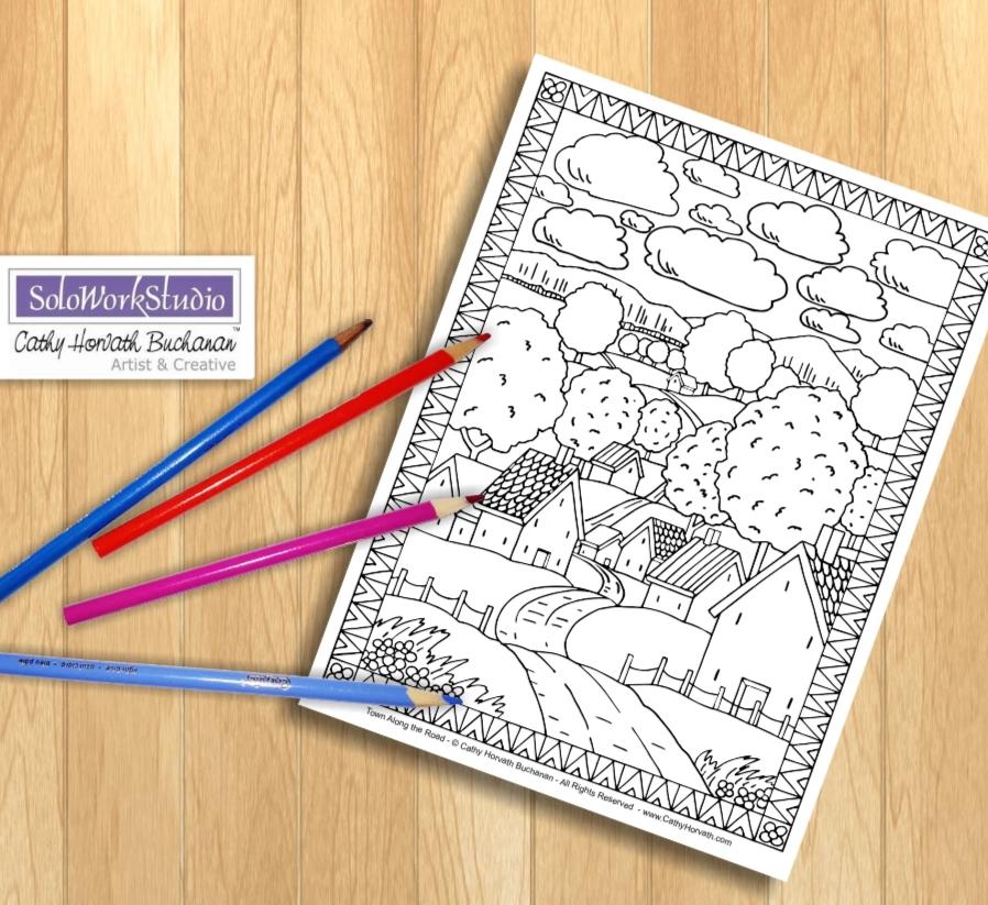 Village Road Scene, Coloring Page Printable PDF Download by Cathy Horvath Buchanan 