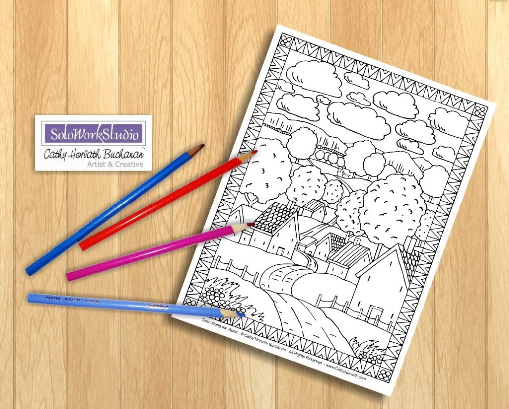Folk Art Town Village Landscape Coloring Pages 4 Pack, PDF Download Printable by Cathy Horvath Buchanan