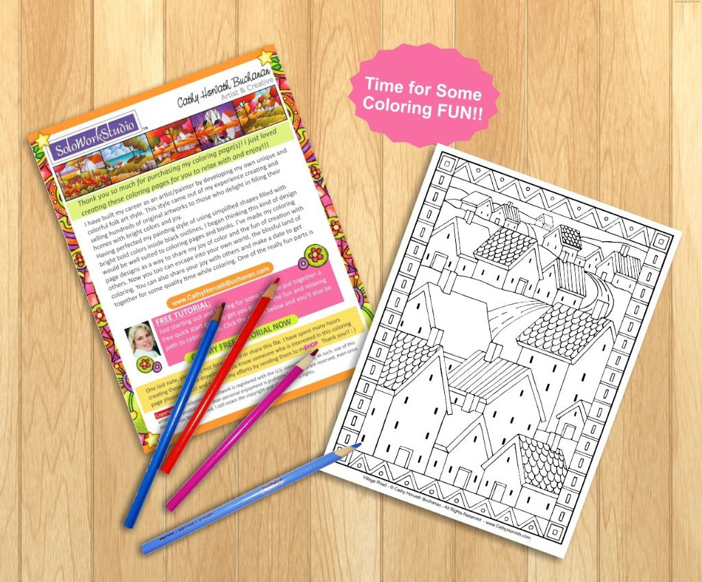 Village Road Houses Coloring Page, PDF Download Printable b Cathy Horvath Buchanan