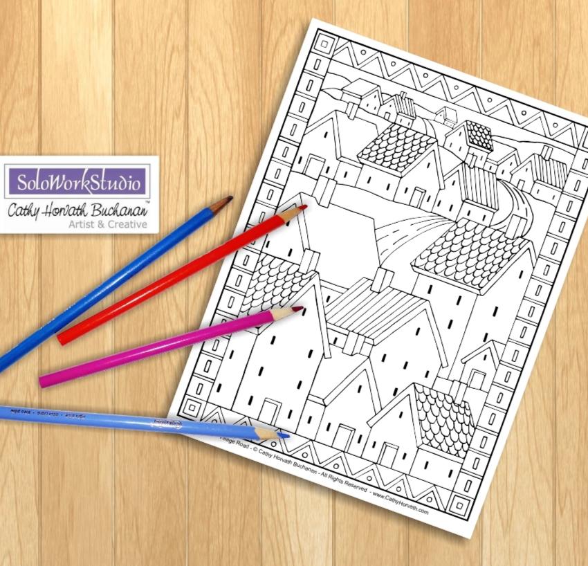 Village Road Houses Coloring Page, PDF Download Printable b Cathy Horvath Buchanan