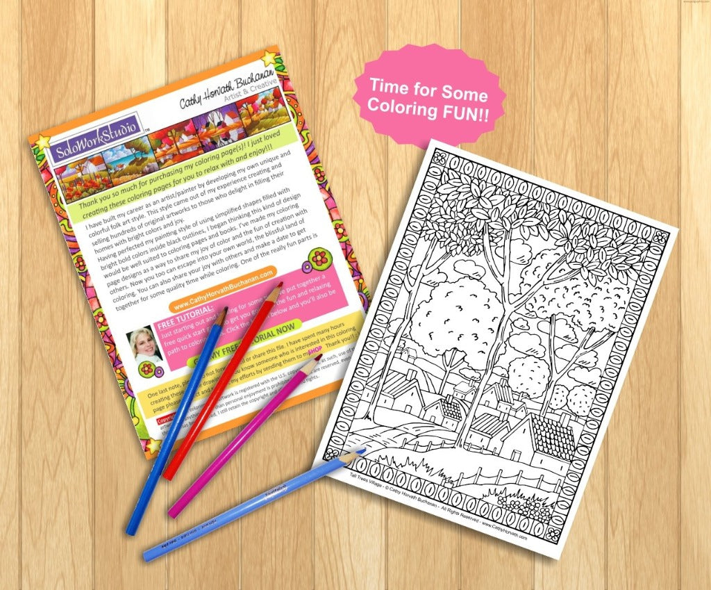 Village Trees Folk Art Landscape, Coloring Page PDF Download Printable  by Cathy Horvath Buchanan