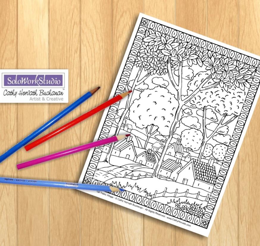 Village Trees Folk Art Landscape, Coloring Page PDF Download Printable  by Cathy Horvath Buchanan