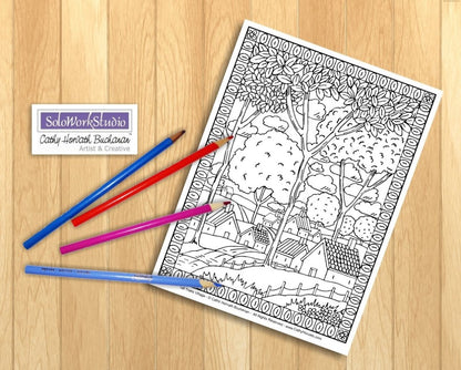 Country Cottage Folk Art Coloring Pages 4 Pack, PDF Download Printable by Cathy Horvath Buchanan