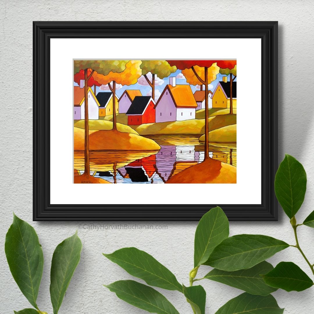 Cottage Riverside Reflections Folk Art Print, Colorful Landscape Giclee by artist Cathy Horvath Buchanan