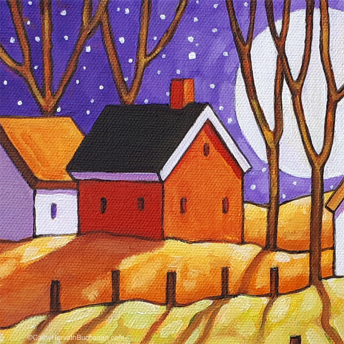 Cottage Hills Purple Moon Original Painting, Night Shadows Folk Art Landscape 8x10