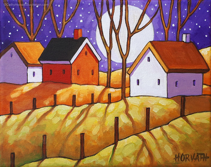 Cottage Hills Purple Moon Original Painting, Night Shadows Folk Art Landscape 8x10