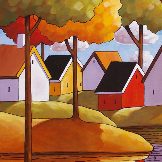 Original Painting Fall River Cottage Trees Water Reflections, 18x24