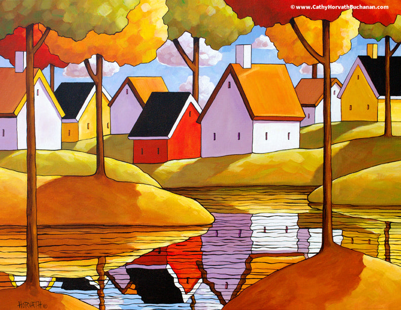 Cottage Riverside Reflections Folk Art Print, Colorful Landscape Giclee by artist Cathy Horvath Buchanan