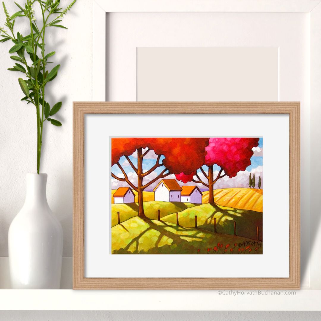 8x10 PRINT OF PAINTING RYTA ABSTRACT FOLK ART HOUSES AUTUMN LANDSCAPE  COUNTRY