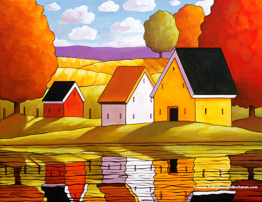colorful rural water reflections autumn art by artist Cathy Horvath Buchanan