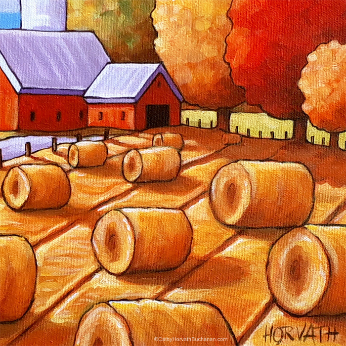 Country Hay Barns Framed Original Painting, Harvest Landscape 10x12