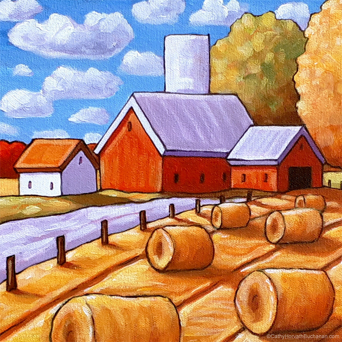 Country Hay Barns Framed Original Painting, Harvest Landscape 10x12