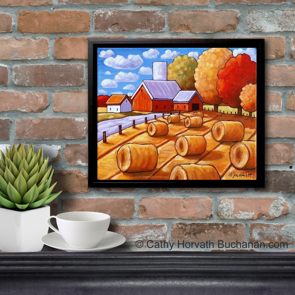 Country Hay Barns Framed Original Painting, Harvest Landscape 10x12