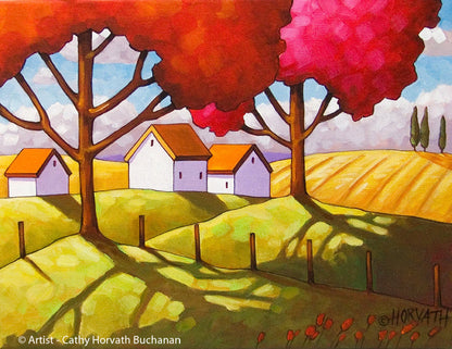 Autumn Country Tree Shadows Modern Farmhouse Decor, Fall Folk Art Print Giclee by artist Cathy Horvath Buchanan