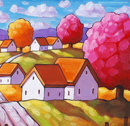 Countryside Road Tree Colors Original Painting, Scenic Folk Art Landscape 8x8