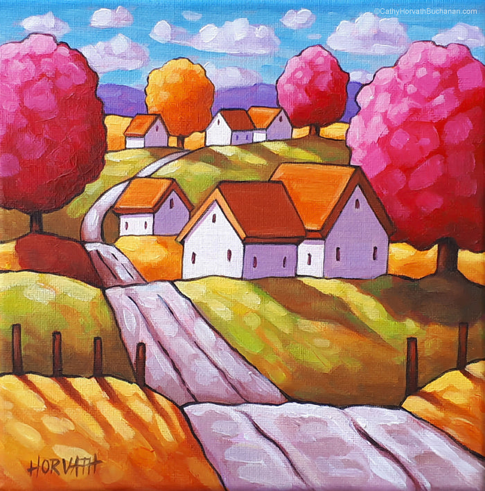 Countryside Road Tree Colors Original Painting, Scenic Folk Art Landscape 8x8