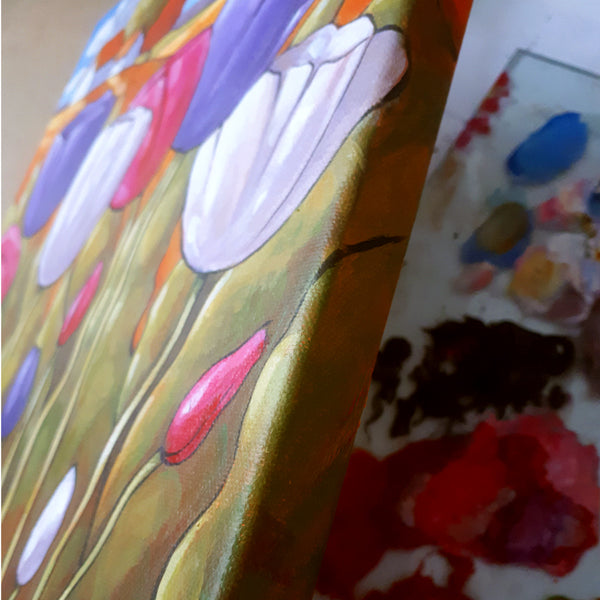 detail of spring tulips painting by artist cathy horvath buchanan