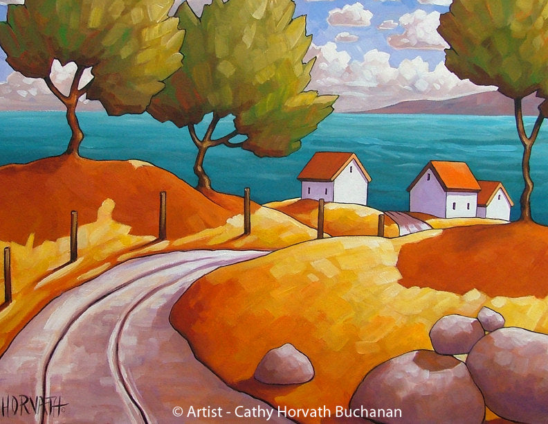 Curving Road Oceanside Cottages Folk Art Print, Modern Summer Seascape by artist Cathy Horvath Buchanan