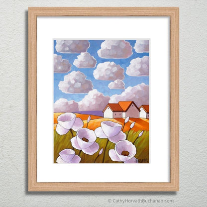 Flower Clouds Folk Art Print, Country Garden Landscape Giclee artist Cathy Horvath Buchanan