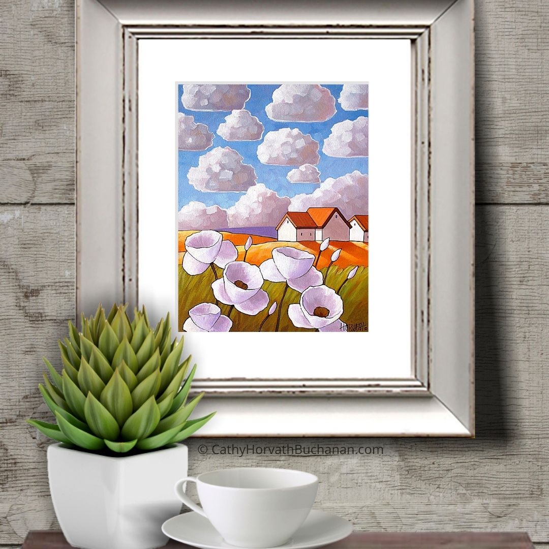 Flower Clouds Folk Art Print, Country Garden Landscape Giclee artist Cathy Horvath Buchanan