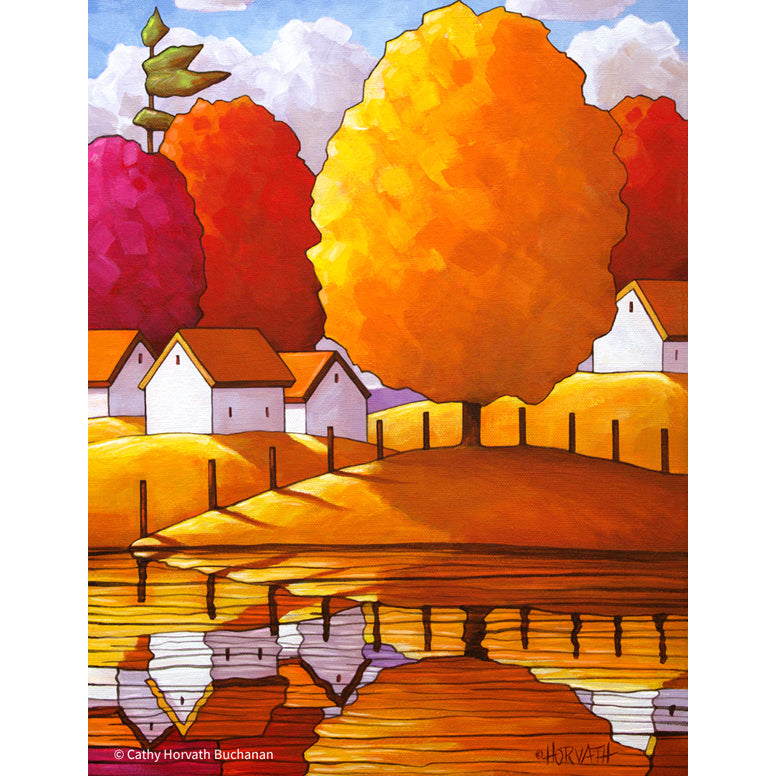 Golden Country Fall Water, Giclee Autumn Art Print Decor  artist Cathy Horvath Buchanan