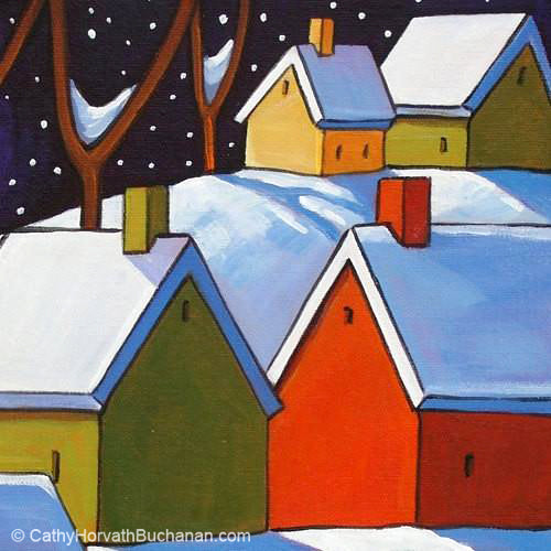 hillside winter night painting detail 2 by cathy horvath buchanan