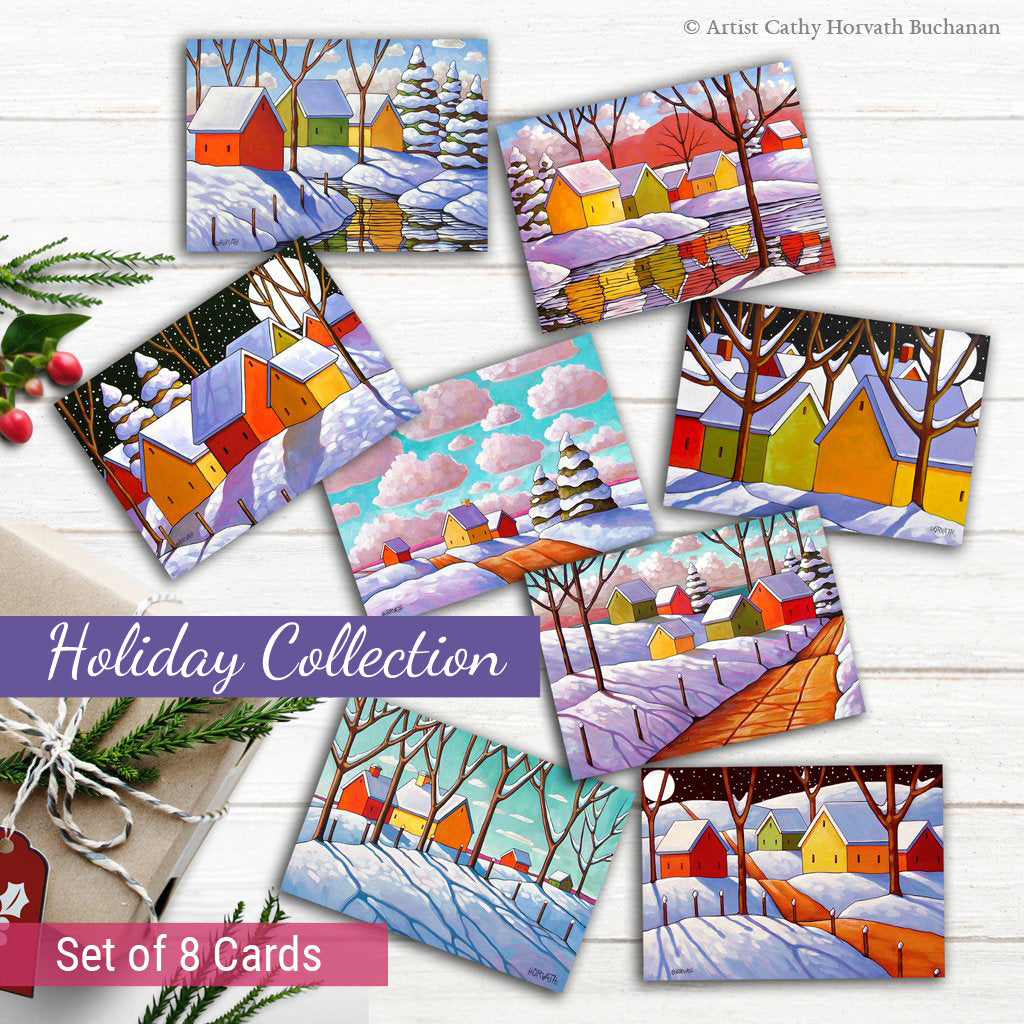 Set of 8 Holiday Scenes Art Cards  by artist Cathy Horvath Buchanan