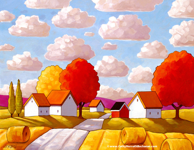 Country Landscape Hay Rolls Folk Art Print, Big Sky Clouds Farmhouse Giclee by artist Cathy Horvath Buchanan