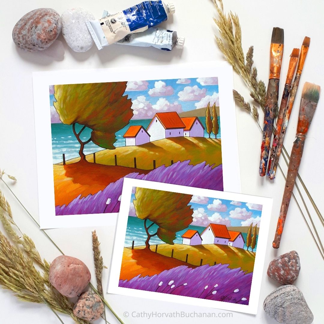 Lavender Windy Tree Coastal Art Print, Seaside Cottage Landscape Giclee by artist Cathy Horvath Buchanan