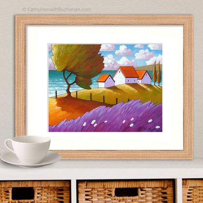 Lavender Windy Tree Coastal Art Print, Seaside Cottage Landscape Giclee by artist Cathy Horvath Buchanan