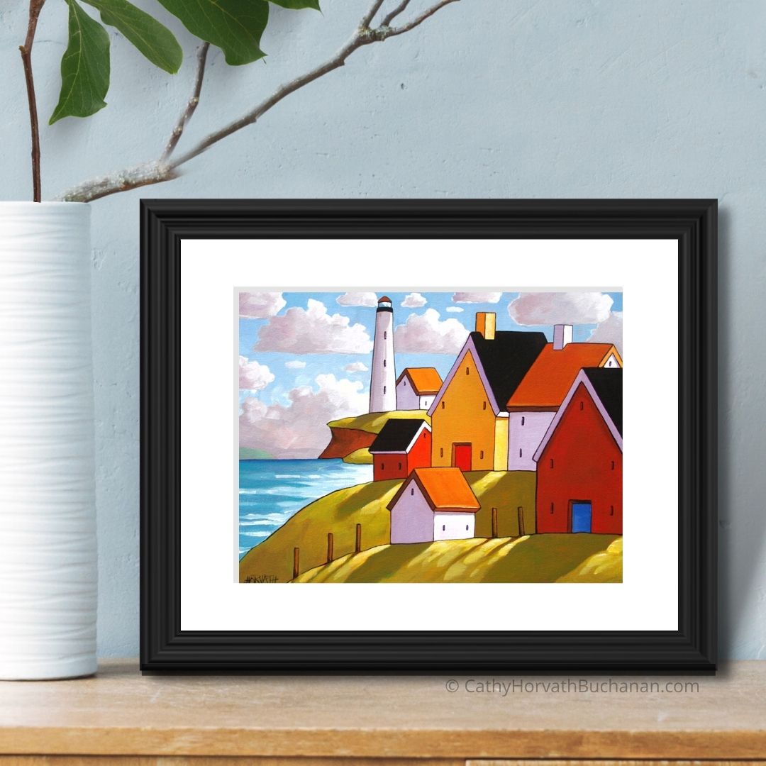 Lighthouse Coast Hillside Cottages, Folk Art Print Summer Seaside Giclee by artist Cathy Horvath Buchanan