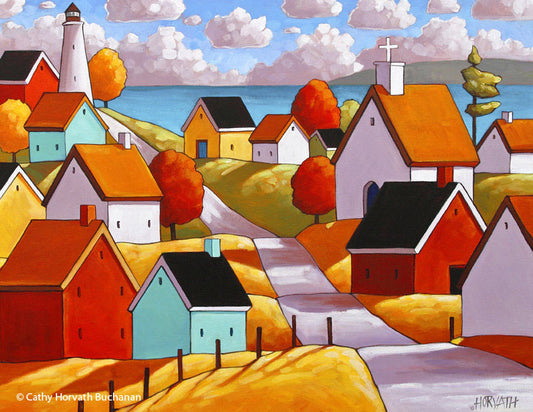 Coastal Lighthouse Town Roadway Folk Art Print, Seaside Village Giclee Landscape
