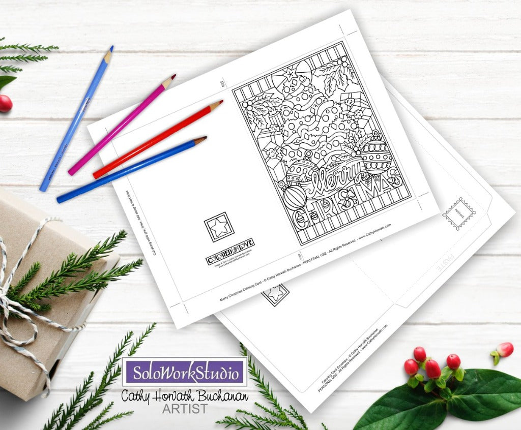 Christmas Holiday Coloring Cards 4 Set Kit + Envelope, PDF Download by Cathy Horvath Buchanan