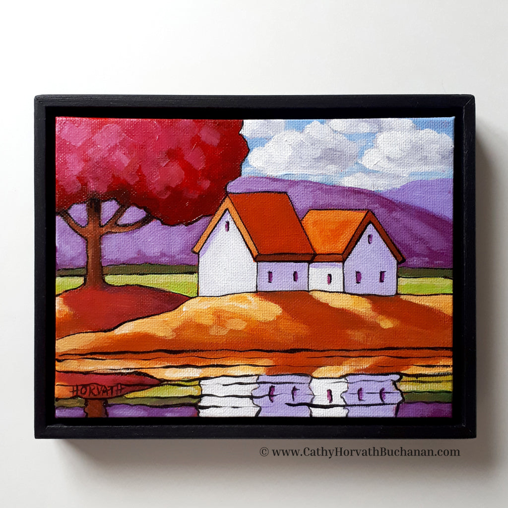 Pink Tree Waterside Cottages - Original Painting