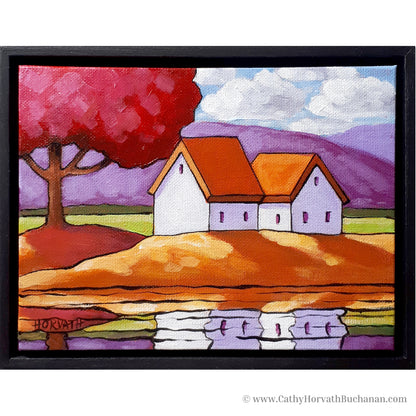 Pink Tree Waterside Cottages, Framed Original Painting, Mountain View 8x6