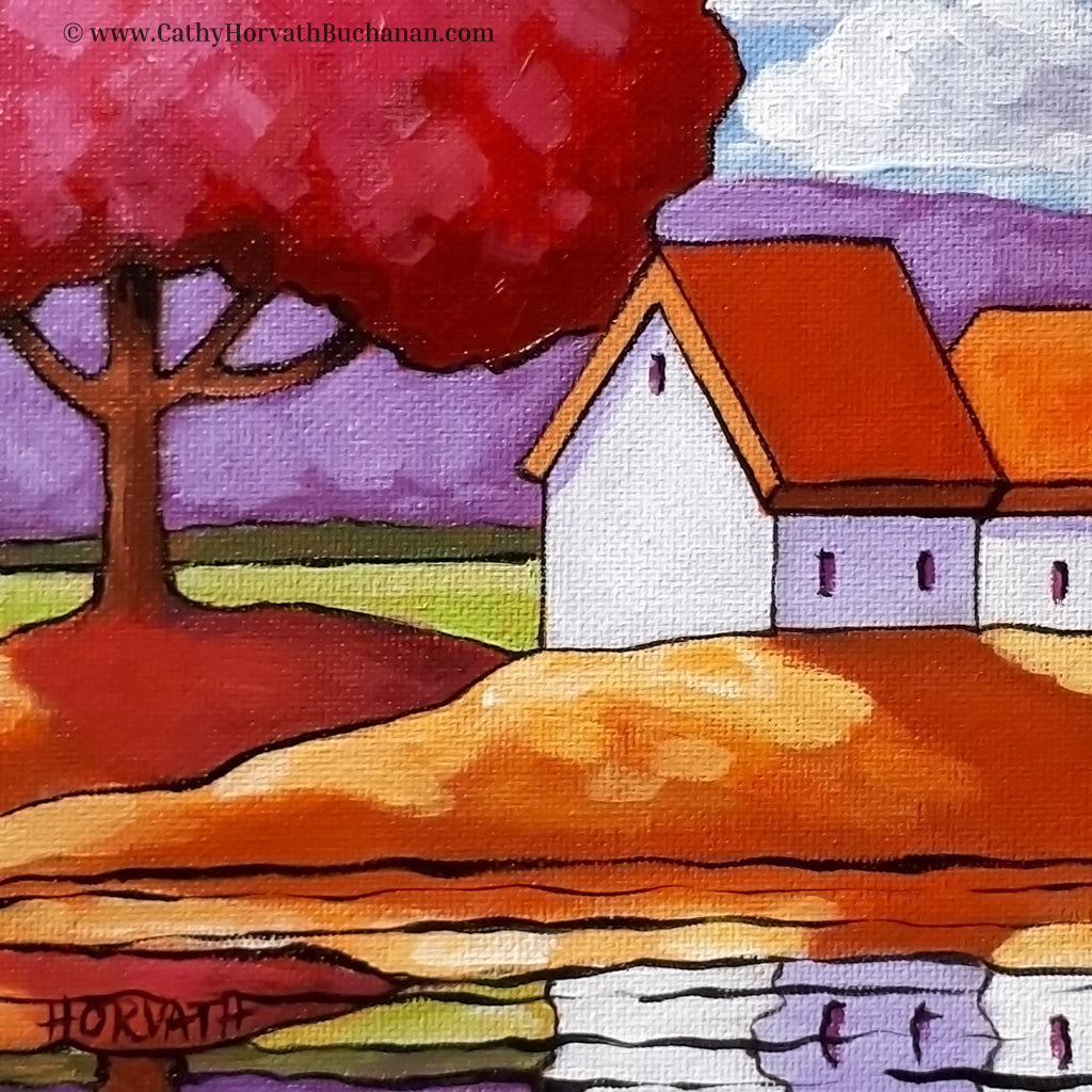 Pink Tree Waterside Cottages Original Painting detail